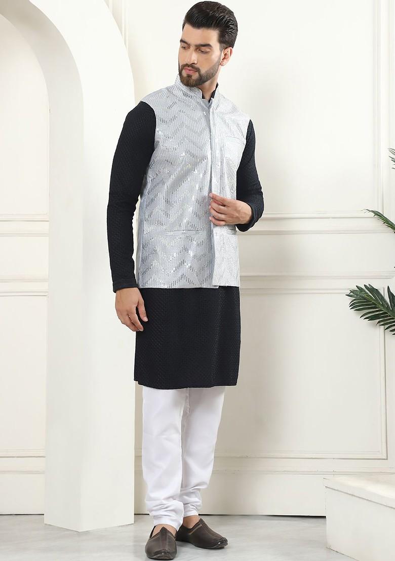 Black Ethnic Motifs Cotton Kurta Set For Men