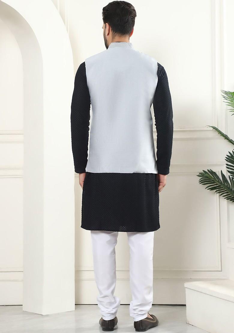 Black Ethnic Motifs Cotton Kurta Set For Men