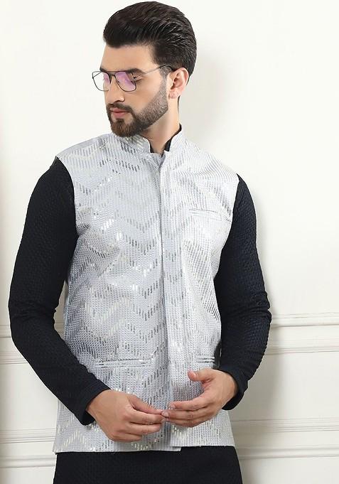 Black Ethnic Motifs Cotton Kurta Set For Men