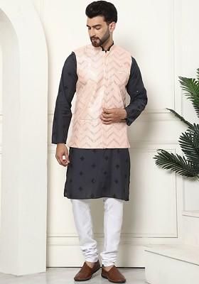 Grey Thread Work Poly Blend Kurta Set For Men