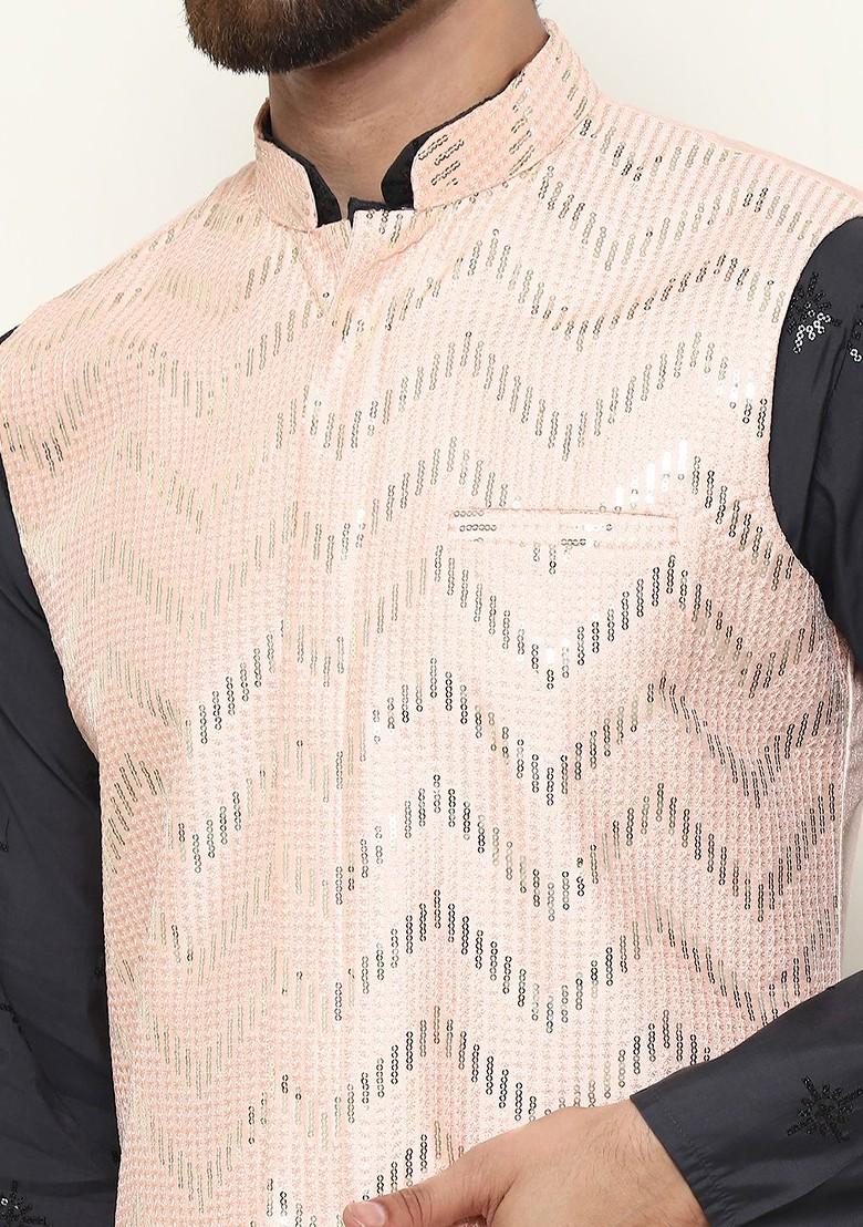 Grey Thread Work Poly Blend Kurta Set For Men