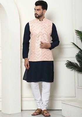 Teal Blue Thread Work Poly Blend Kurta Set For Men