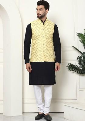 Black Woven Cotton Kurta Set For Men