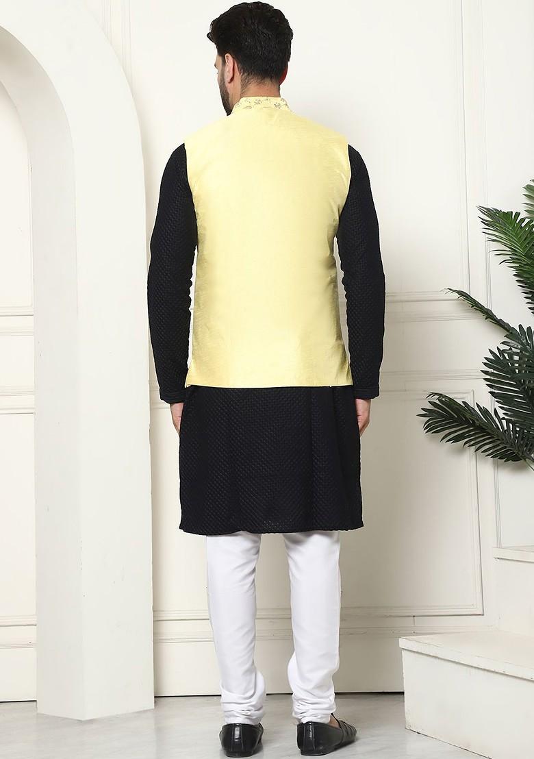 Black Woven Cotton Kurta Set For Men