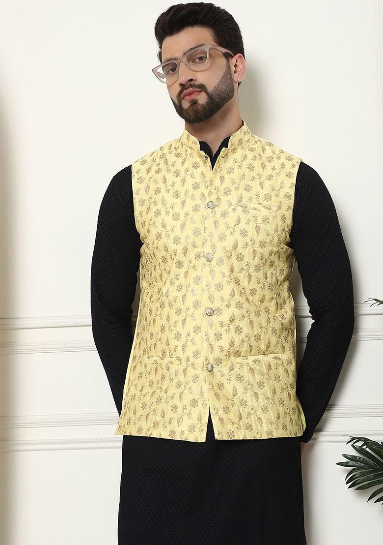 Black Woven Cotton Kurta Set For Men
