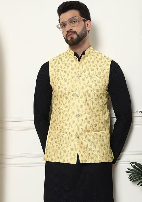 Black Woven Cotton Kurta Set For Men