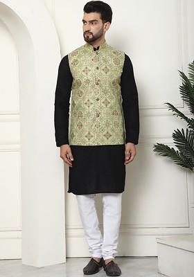 Black Checked Cotton Kurta Set For Men