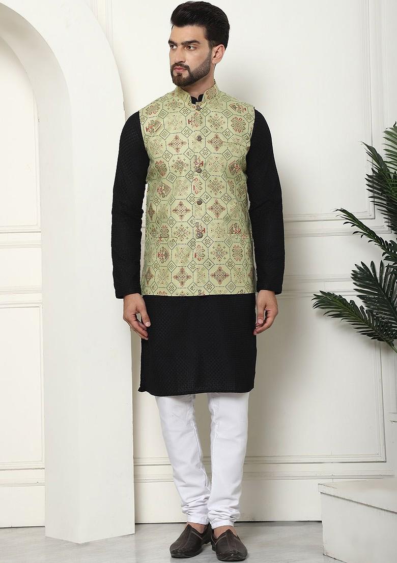 Black Checked Cotton Kurta Set For Men