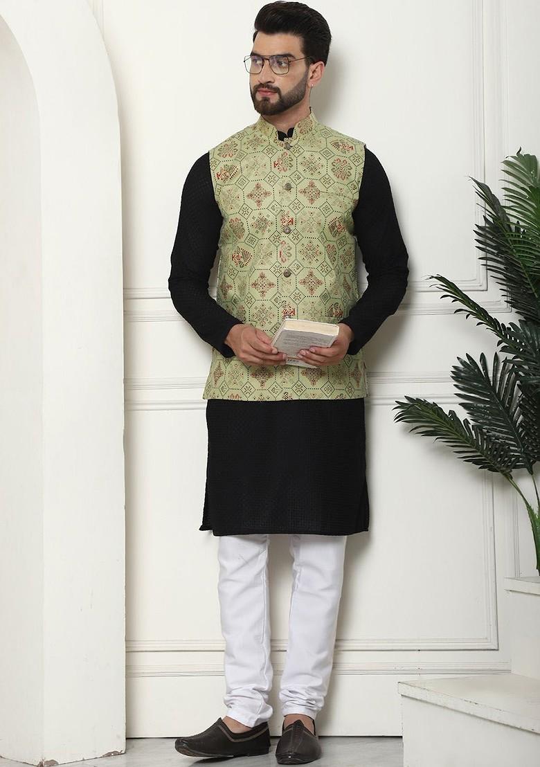 Black Checked Cotton Kurta Set For Men