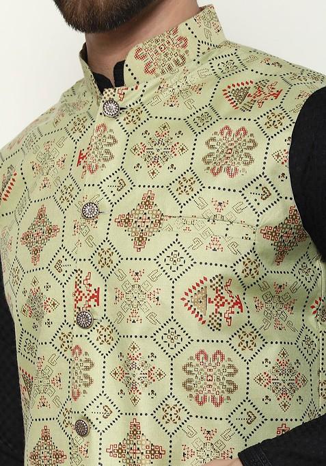 Black Checked Cotton Kurta Set For Men