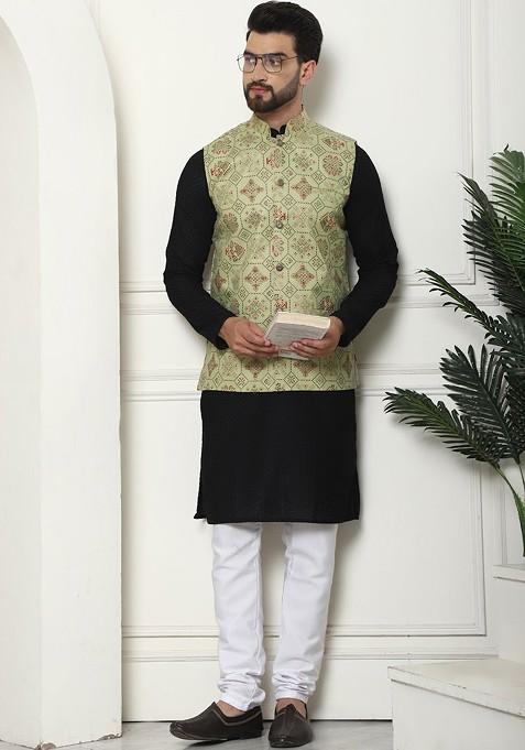 Black Checked Cotton Kurta Set For Men