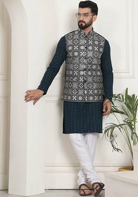 Teal Blue Embroidered Cotton Kurta Set For Men