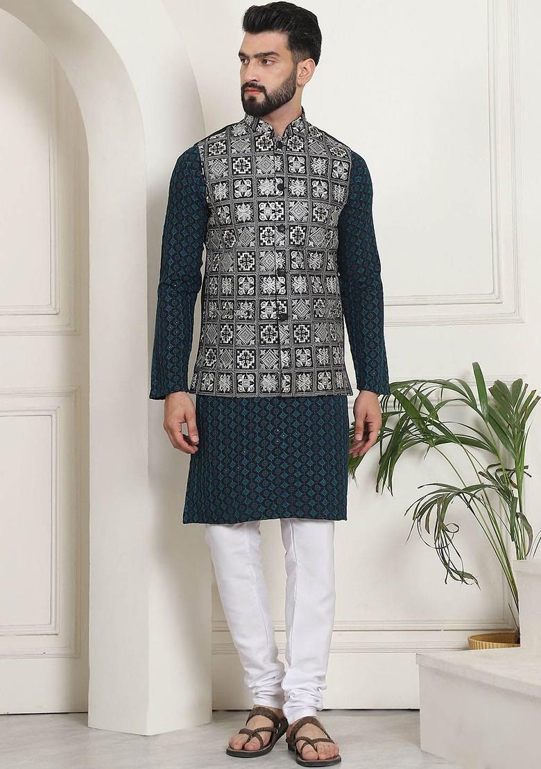 Teal Blue Embroidered Cotton Kurta Set For Men