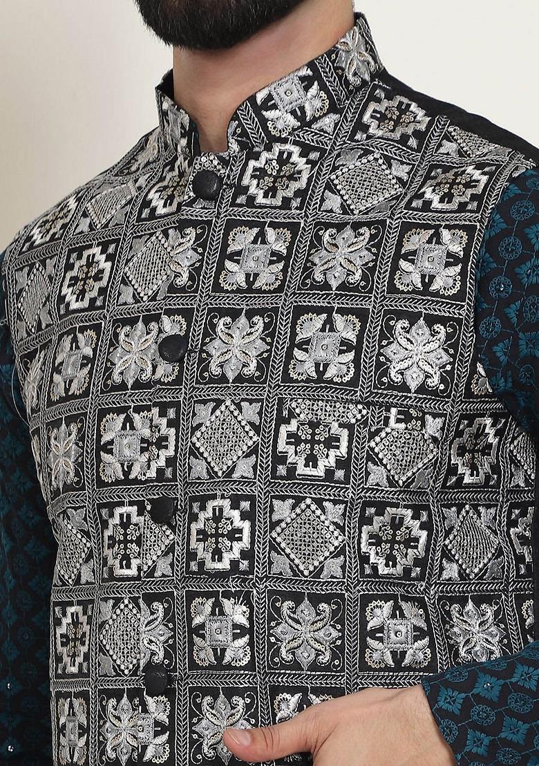 Teal Blue Embroidered Cotton Kurta Set For Men