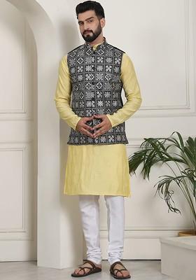 Yellow Thread Work Poly Blend Kurta Set For Men