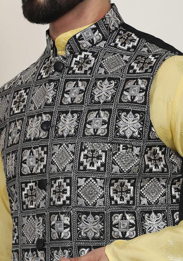 Yellow Thread Work Poly Blend Kurta Set For Men