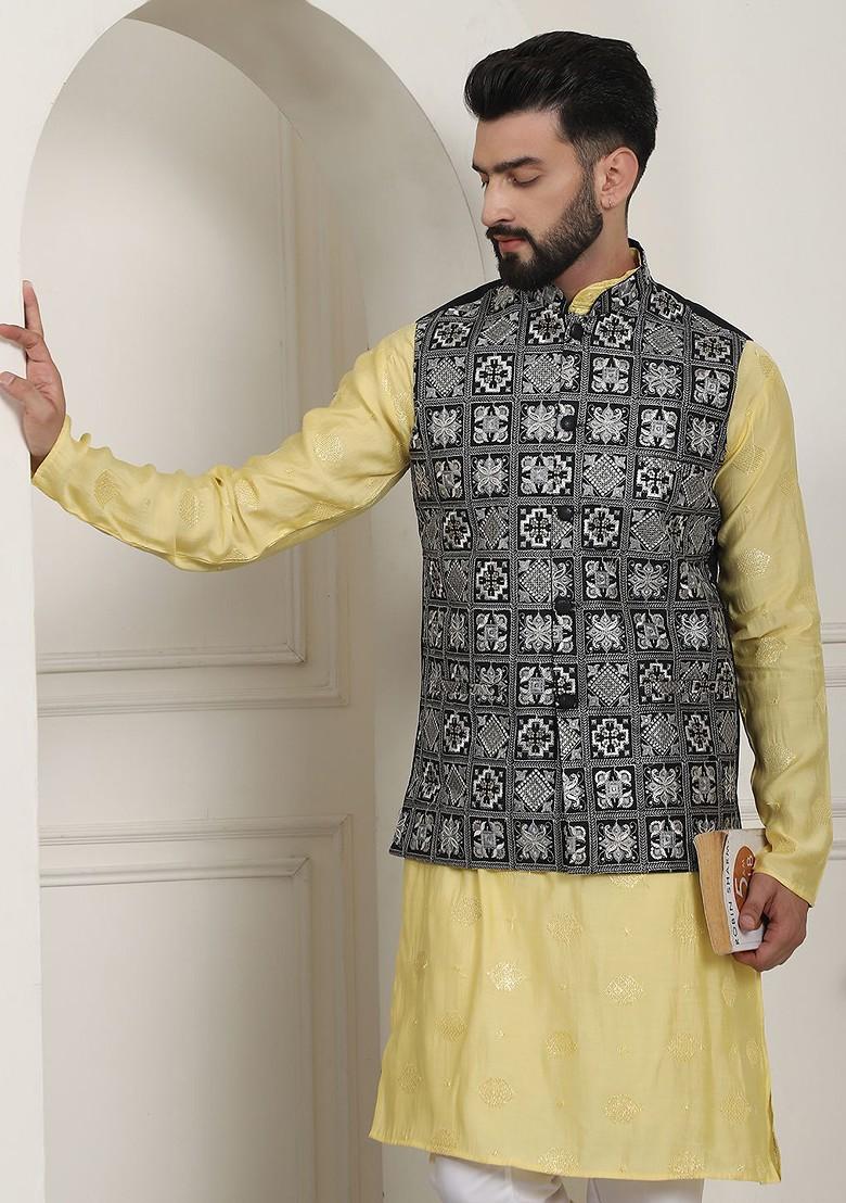 Yellow Thread Work Poly Blend Kurta Set For Men
