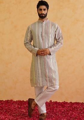 Grey Embroidered Poly Blend Kurta Set For Men