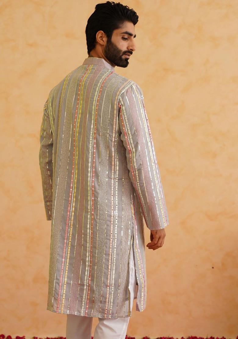 Grey Embroidered Poly Blend Kurta Set For Men
