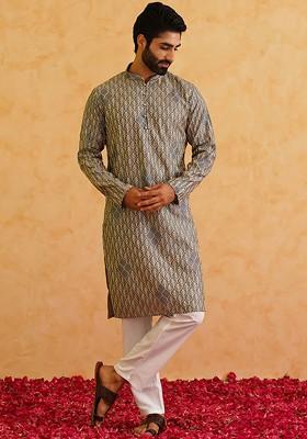 Grey Thread Work Cotton Kurta Set For Men