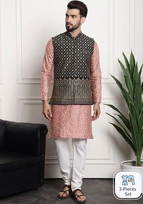 Coral Pink Thread Work Poly Blend Kurta Set For Men