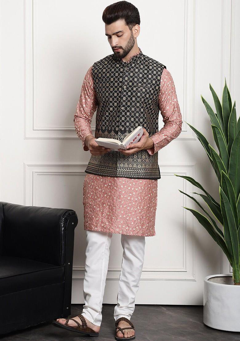 Coral Pink Thread Work Poly Blend Kurta Set For Men