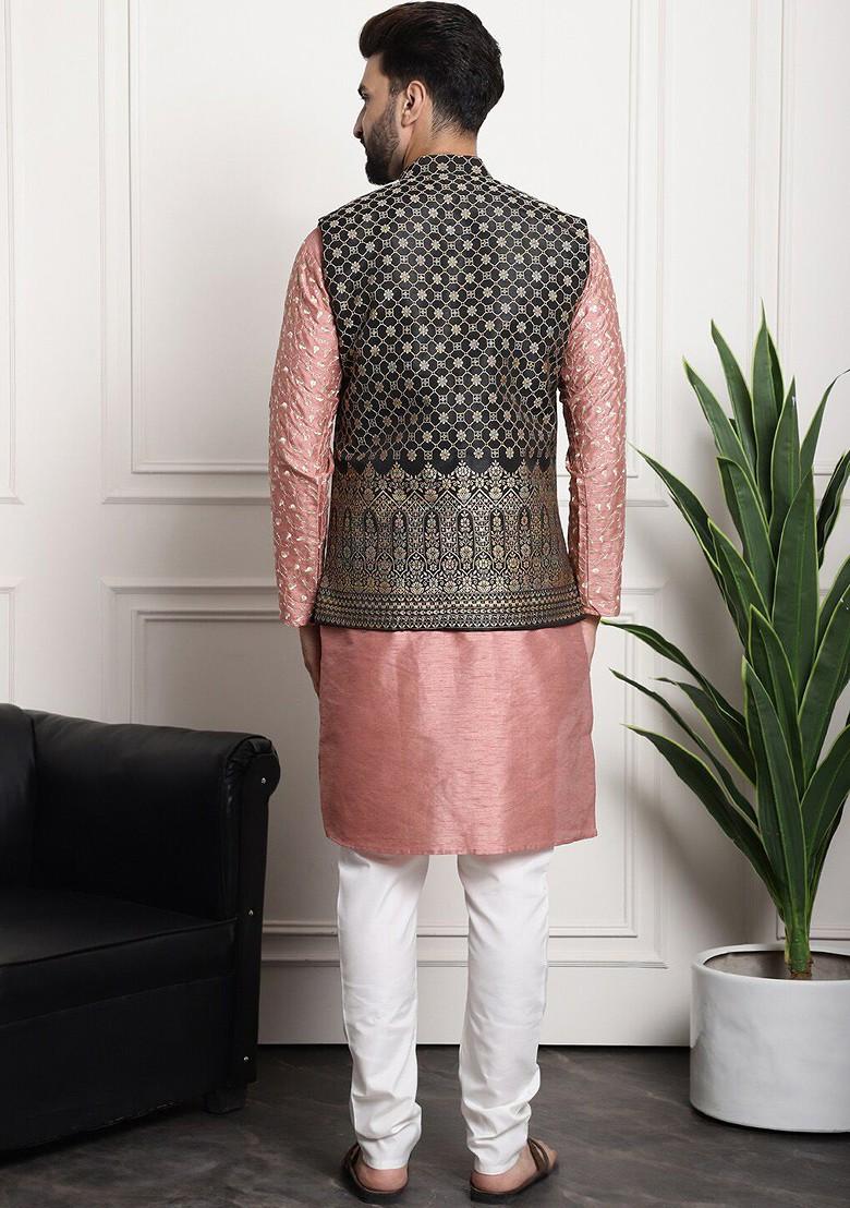 Coral Pink Thread Work Poly Blend Kurta Set For Men