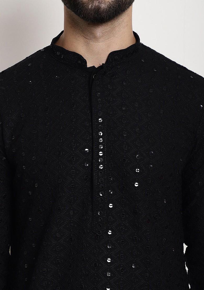 Black Sequin Work Cotton Kurta Set For Men