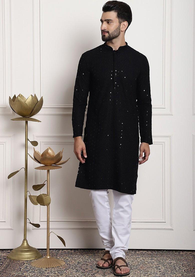 Black Sequin Work Cotton Kurta Set For Men