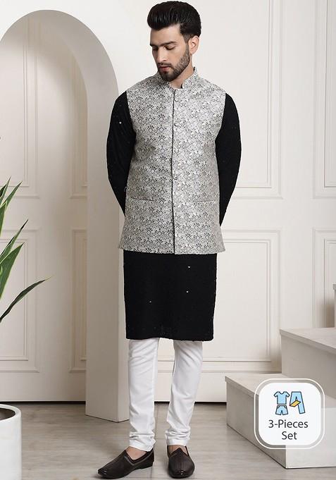 Black Sequin Work Cotton Kurta Set For Men — view on Indya