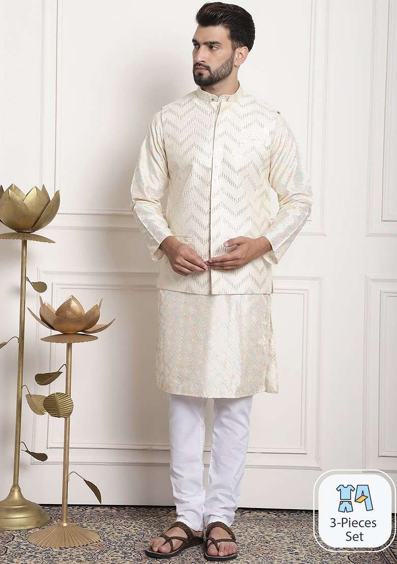 Cream Embroidered Poly Blend Kurta Set For Men - Indya