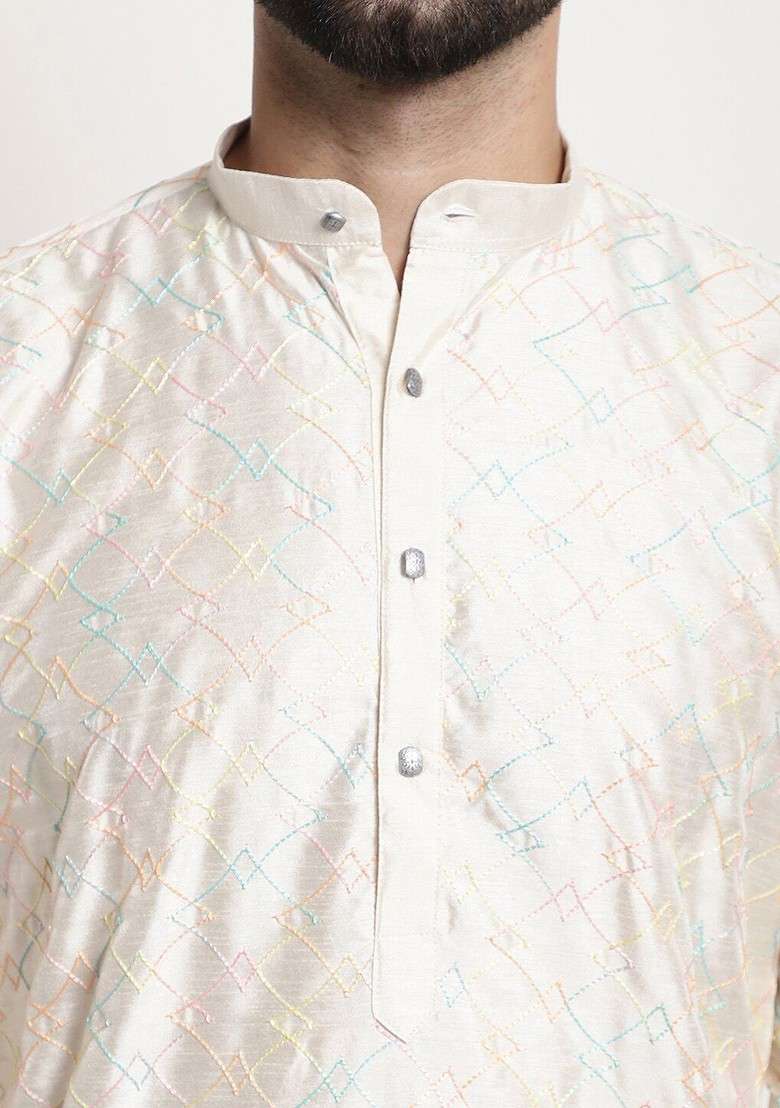 Cream Embroidered Poly Blend Kurta Set For Men - Indya