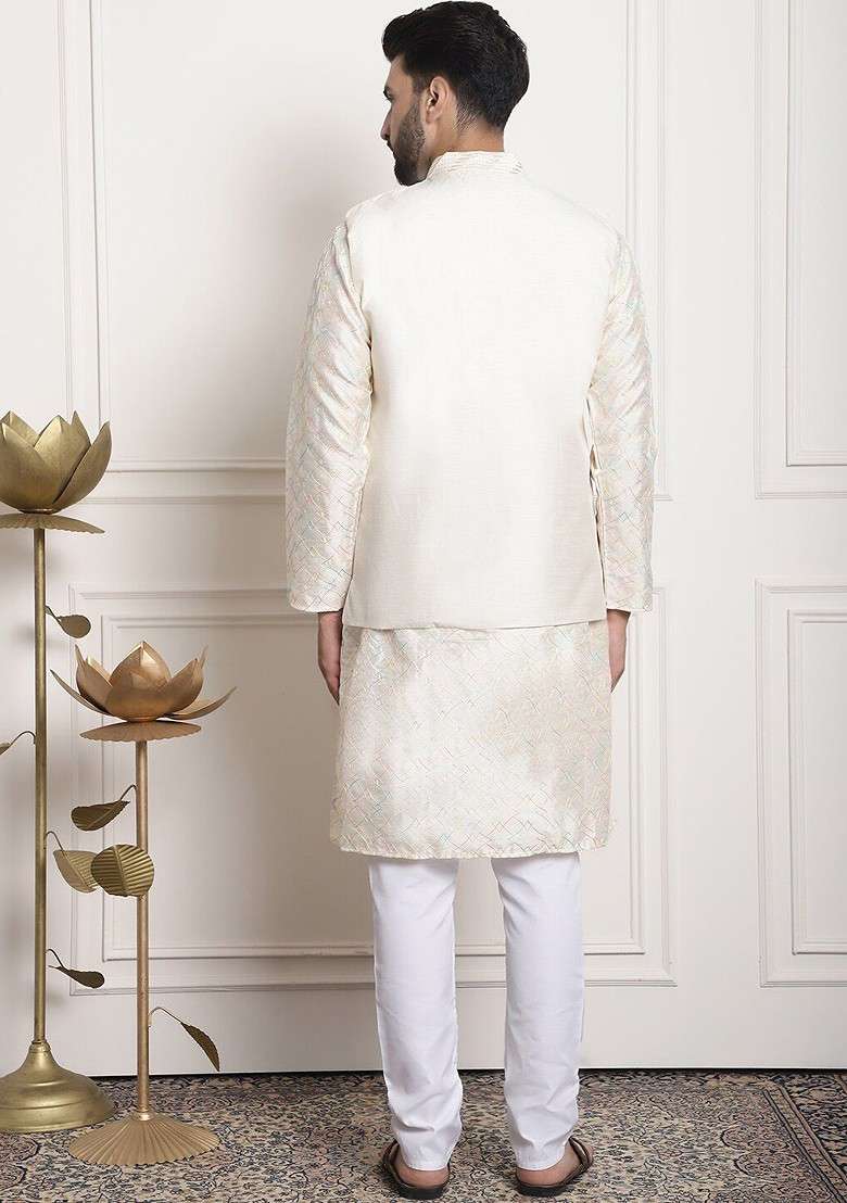 Cream Embroidered Poly Blend Kurta Set For Men - Indya