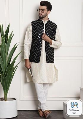 Cream Thread Work Cotton Kurta Set For Men