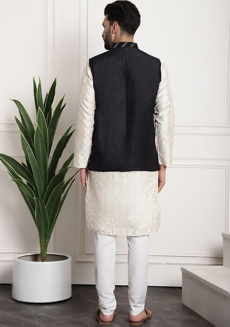Cream Thread Work Cotton Kurta Set For Men