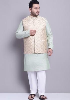 Green Woven Poly Blend Kurta Set For Men
