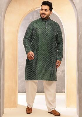 Green Thread Work Poly Blend Kurta Set For Men