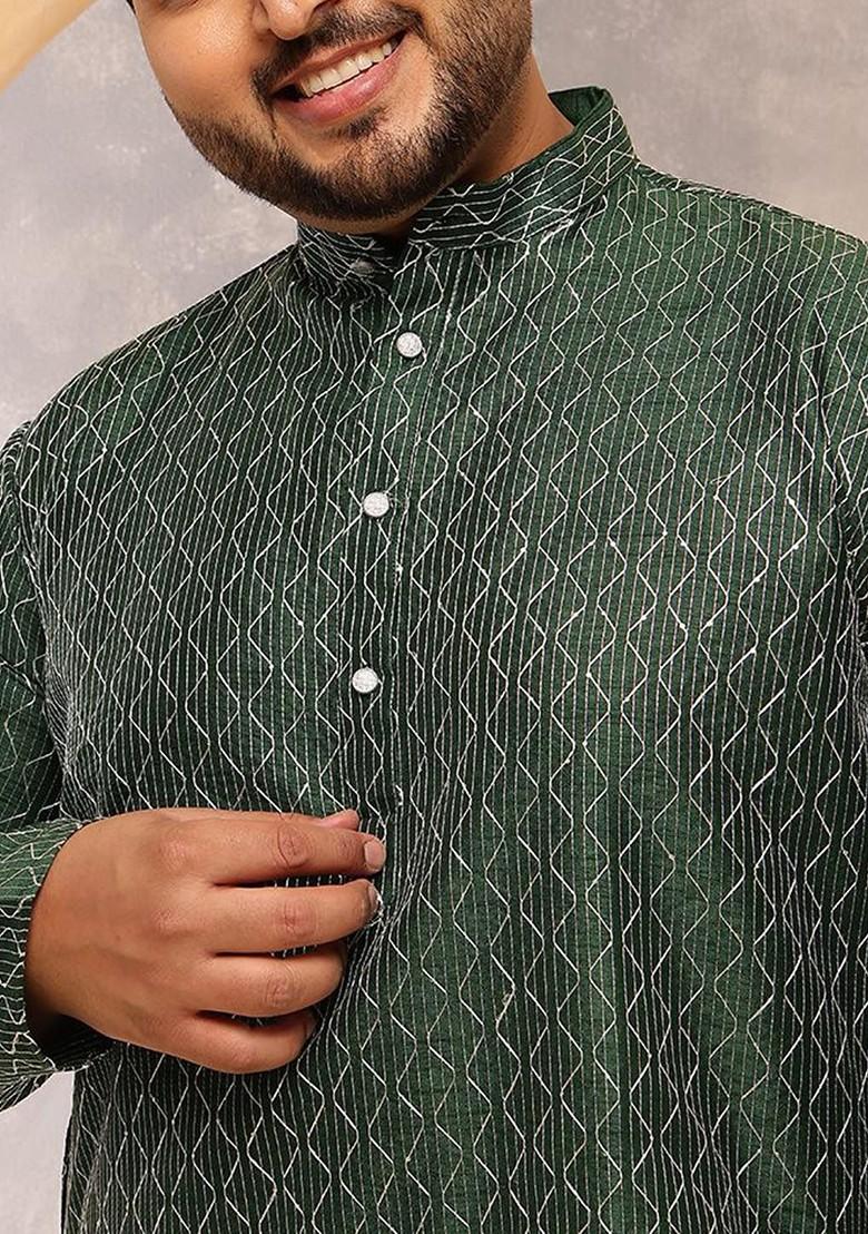 Green Thread Work Poly Blend Kurta Set For Men