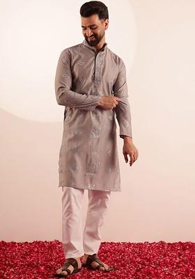 Grey Embroidered Poly Blend Kurta Set For Men