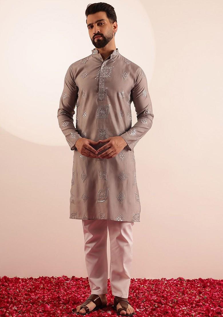 Grey Embroidered Poly Blend Kurta Set For Men