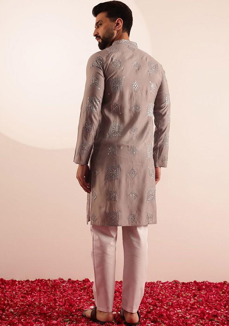 Grey Embroidered Poly Blend Kurta Set For Men