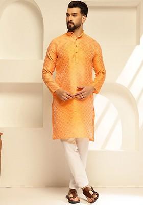 Yellow Ethnic Motifs Poly Blend Kurta Set For Men