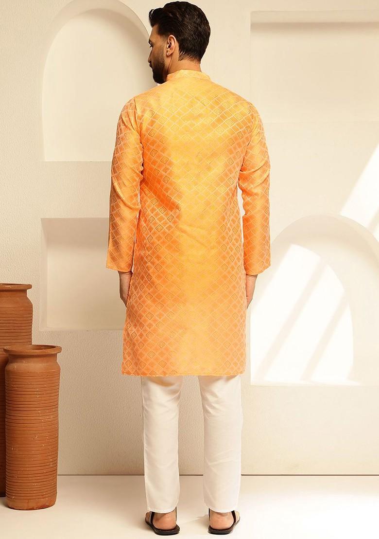 Yellow Ethnic Motifs Poly Blend Kurta Set For Men