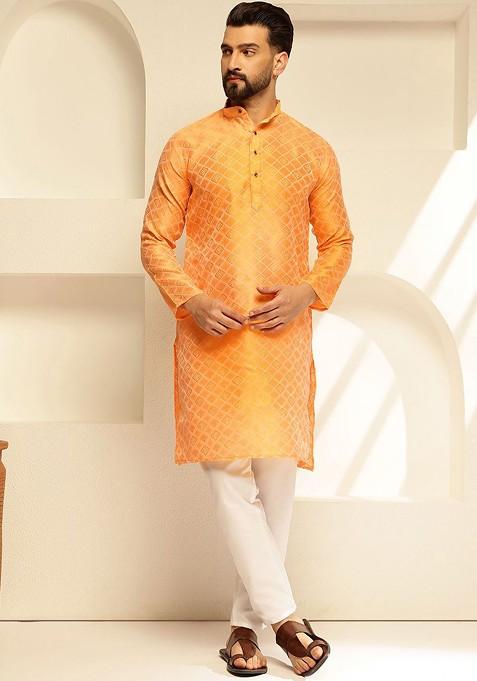 Yellow Ethnic Motifs Poly Blend Kurta Set For Men