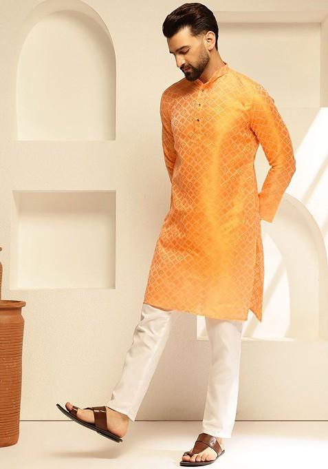 Yellow Ethnic Motifs Poly Blend Kurta Set For Men