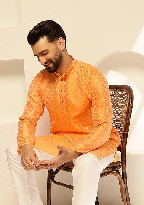 Yellow Ethnic Motifs Poly Blend Kurta Set For Men