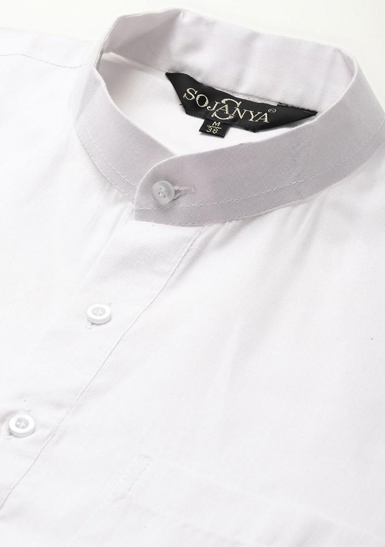 White Solid Poly Blend Kurta Set For Men