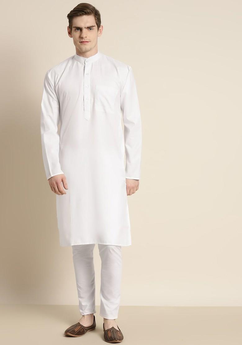 White Solid Poly Blend Kurta Set For Men