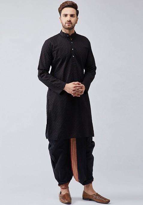 Black Solid Poly Blend Kurta Set For Men
