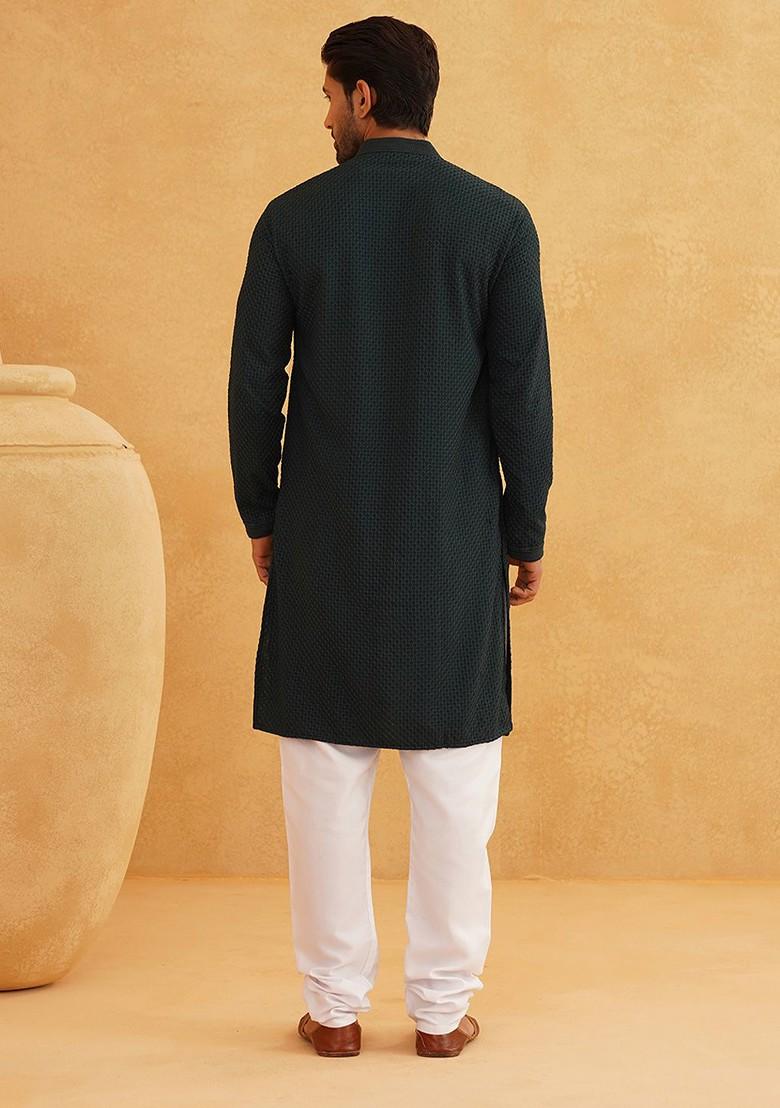 Green Thread Work Cotton Kurta Set For Men